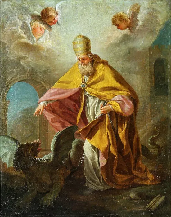 Framed Print : Pope Sylvester I slaying a dragon, 18th century Framed Print : Pope Sylvester I slaying a dragon, 18th century