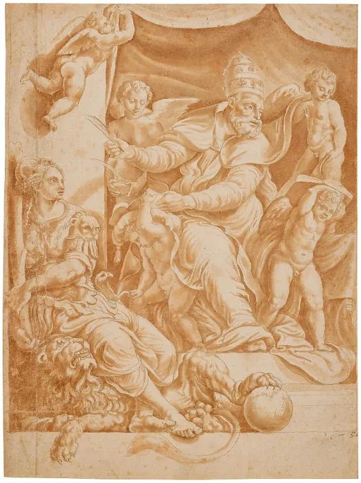 Framed Print : Pope Sylvester with surrounding putti and Allegory of Fortitude. Creator: Romano, Giulio, (after) Framed Print : Pope Sylvester with surrounding putti and Allegory of Fortitude. Creator: Romano, Giulio, (after)