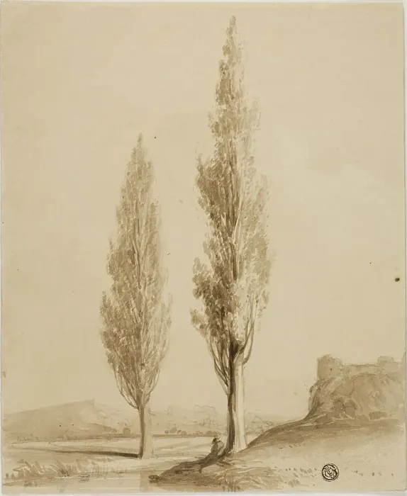 Framed Print : Two Poplars and Seated Figure Beside Stream, n.d. Creator: Unknown Framed Print : Two Poplars and Seated Figure Beside Stream, n.d. Creator: Unknown