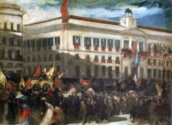 Popular demonstration in Madrid in Puerta del Sol during the revolution of 1868
