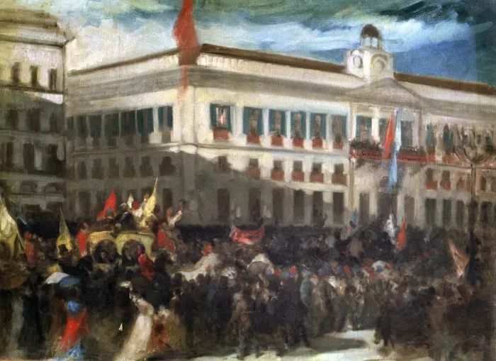 Framed Print : Popular demonstration in Madrid in Puerta del Sol during the revolution of 1868 Framed Print : Popular demonstration in Madrid in Puerta del Sol during the revolution of 1868
