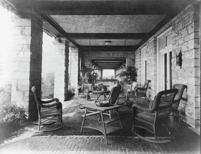 Framed Print : Porch of E.C. Converse house, with wicker furniture, Greenwich, Connecticut, 1908. Creator: Frances Benjamin Johnston Framed Print : Porch of E.C. Converse house, with wicker furniture, Greenwich, Connecticut, 1908. Creator: Frances Benjamin Johnston