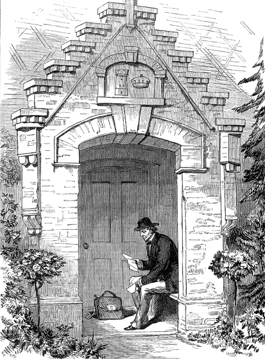 Framed Print : The Porch, Hughenden Lodge: Lord Beaconsfield reading his letters, 1881. Creator: Unknown