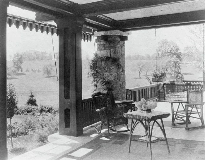 Framed Print : Porch with wicker furniture, and view over lawn to home of Edmund... Greenwich, Connecticut, 1908. Creator: Frances Benjamin Johnston Framed Print : Porch with wicker furniture, and view over lawn to home of Edmund... Greenwich, Connecticut, 1908. Creator: Frances Benjamin Johnston