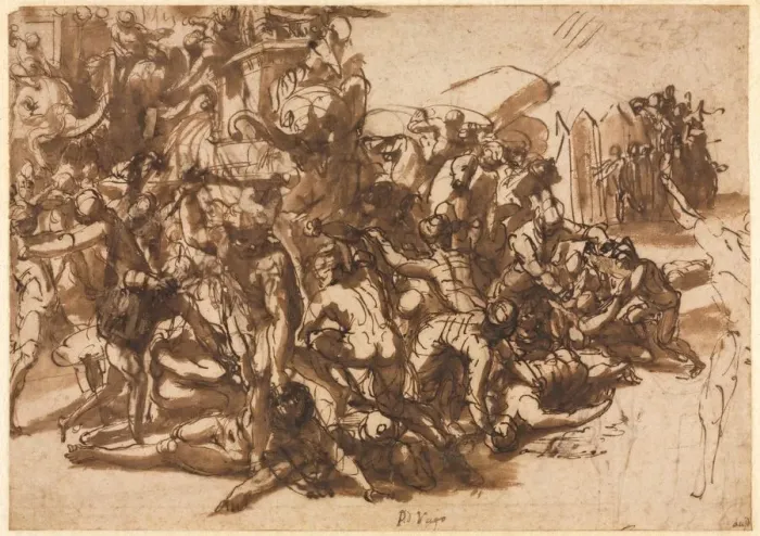 Framed Print : Poros Assailed by the Macedonian Army (recto), c. 1545 / 47. Creator: Perino del Vaga (Italian Framed Print : Poros Assailed by the Macedonian Army (recto), c. 1545 / 47. Creator: Perino del Vaga (Italian