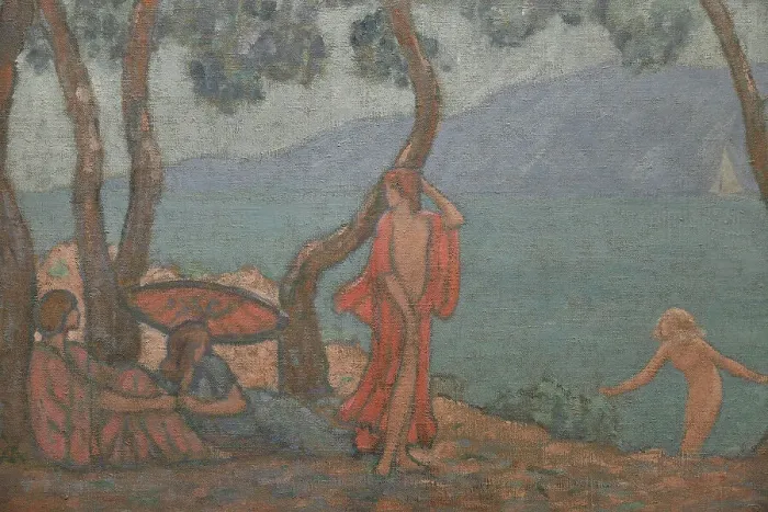 Framed Print : Porquerolles, l'Alycastre. Young women with a parasol under the pines. Creator: Auburtin, Jean Francis (1866-1930) Framed Print : Porquerolles, l'Alycastre. Young women with a parasol under the pines. Creator: Auburtin, Jean Francis (1866-1930)