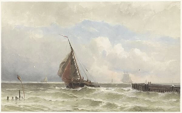 Port of Vlissingen, with incoming sailing ship, 1838-1892. Creator: Jacob Eduard van Heemskerck van Beest