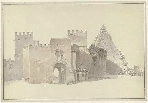 The Porta San Paolo and the Pyramid of Cestius in Rome, c.1809-c.1812. Creator: Josephus Augustus Knip