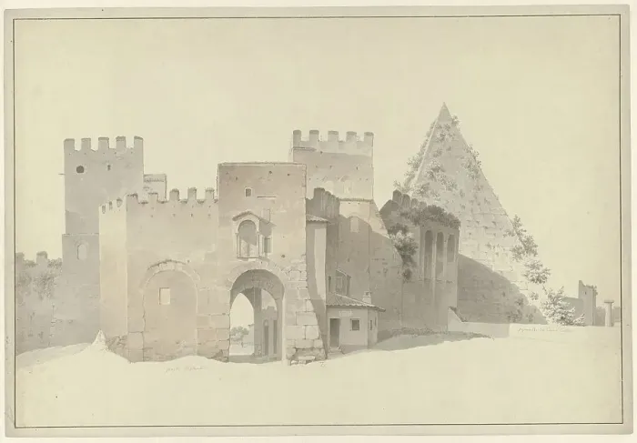 Framed Print : The Porta San Paolo and the Pyramid of Cestius in Rome, c.1809-c.1812. Creator: Josephus Augustus Knip Framed Print : The Porta San Paolo and the Pyramid of Cestius in Rome, c.1809-c.1812. Creator: Josephus Augustus Knip