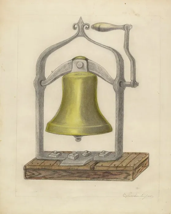 Framed Print : Portable Brass Hand Bell, c. 1936. Creator: Columbus Simpson Framed Print : Portable Brass Hand Bell, c. 1936. Creator: Columbus Simpson