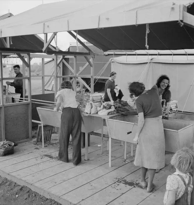 Framed Print : Portable laundry unit, shower unit beyond, FSA camp, Merrill, Oregon, 1939. Creator: Dorothea Lange