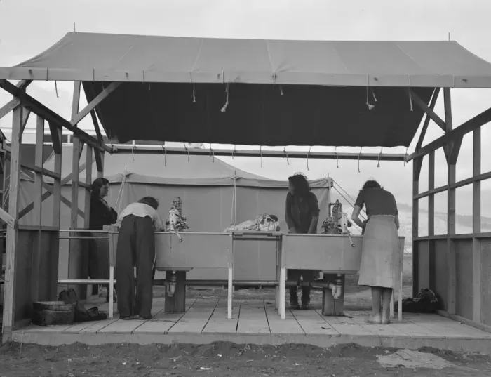 Framed Print : Portable laundry unit, shower unit beyond, FSA camp, Merrill, Oregon, 1939. Creator: Dorothea Lange Framed Print : Portable laundry unit, shower unit beyond, FSA camp, Merrill, Oregon, 1939. Creator: Dorothea Lange