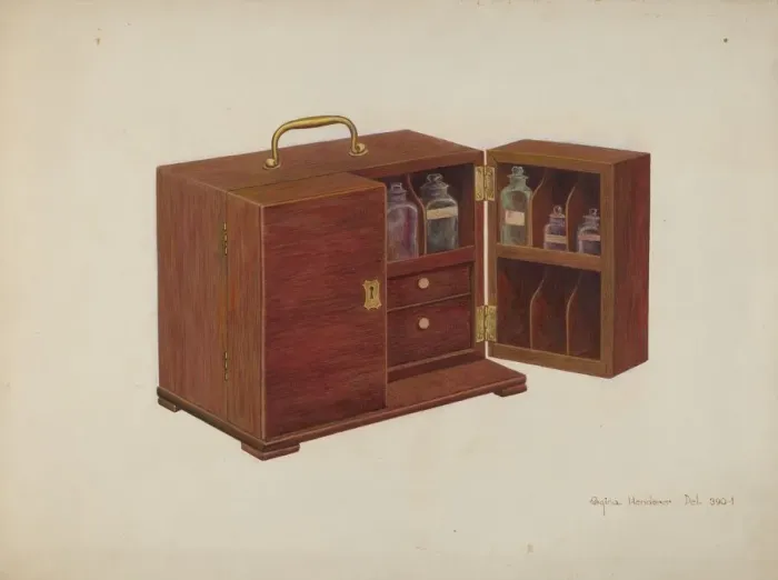 Framed Print : Portable Medicine Cabinet, c. 1938. Creator: Regina Henderer Framed Print : Portable Medicine Cabinet, c. 1938. Creator: Regina Henderer