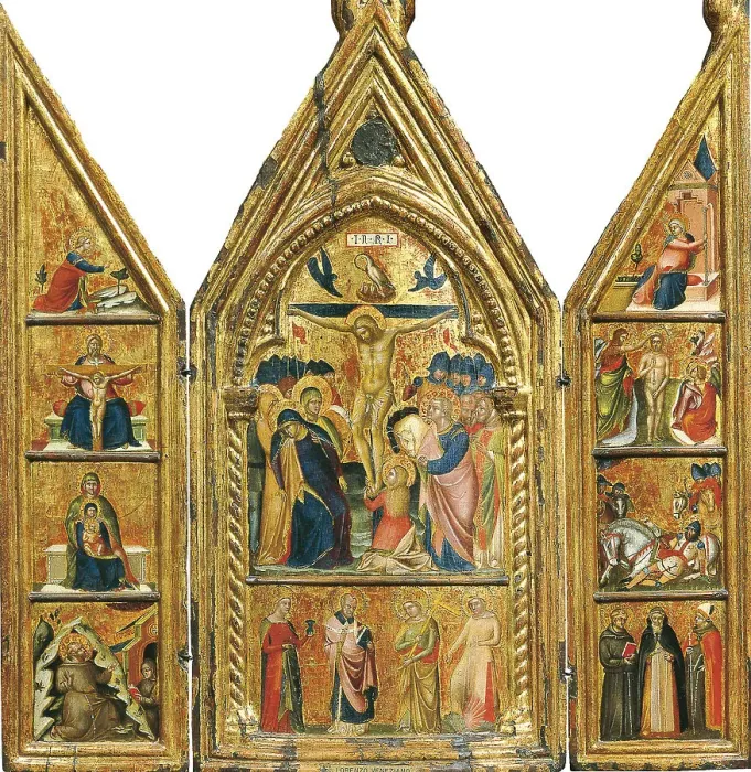 Framed Print : Portable Triptych with a central Crucifixion. Artist: Veneziano, Lorenzo (active 1356-1372) Framed Print : Portable Triptych with a central Crucifixion. Artist: Veneziano, Lorenzo (active 1356-1372)