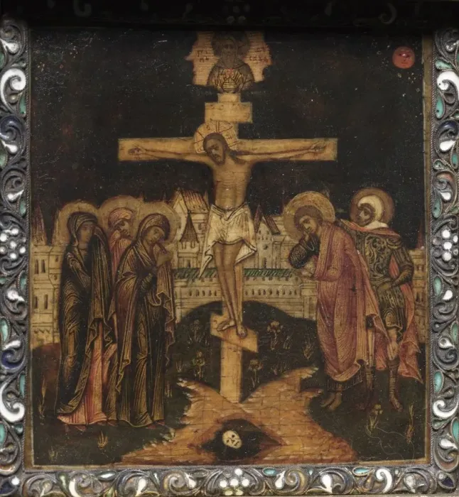 Framed Print : Portable Triptych Icon: The Crucifixion, 1600s. Creator: Unknown