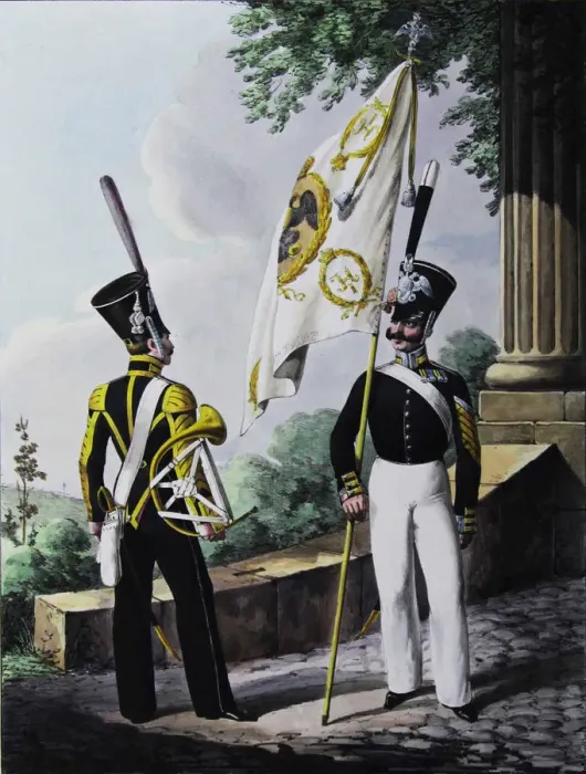 Framed Print : Porte-epee-Praporshchik and Hornist of the Guards Garrison Battalion, 1829. Artist: Belousov, Lev Alexandrovich (1806-1864)