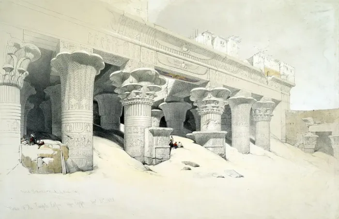 Framed Print : Portico of the sandstone Temple of Edfu dedicated to the falcon-headed god Horus, Egypt, 1838. Artist: Louis Haghe Framed Print : Portico of the sandstone Temple of Edfu dedicated to the falcon-headed god Horus, Egypt, 1838. Artist: Louis Haghe
