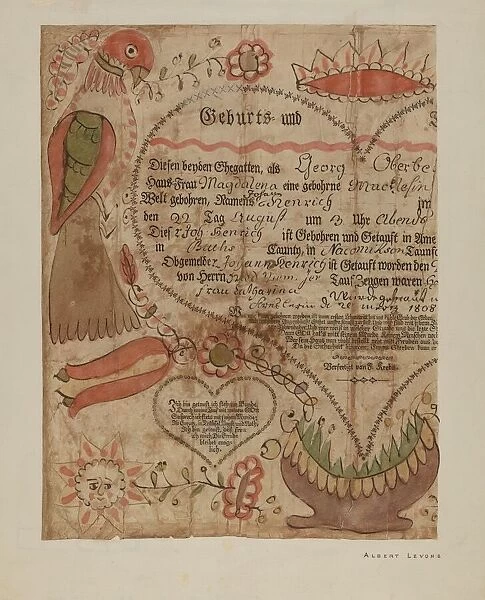 Portion of Birth Certificate, c. 1940. Creator: Albert J. Levone