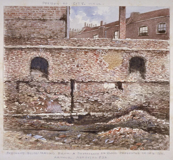 Portion of London Wall showing the internal face on Coopers Row, City of London, 1864