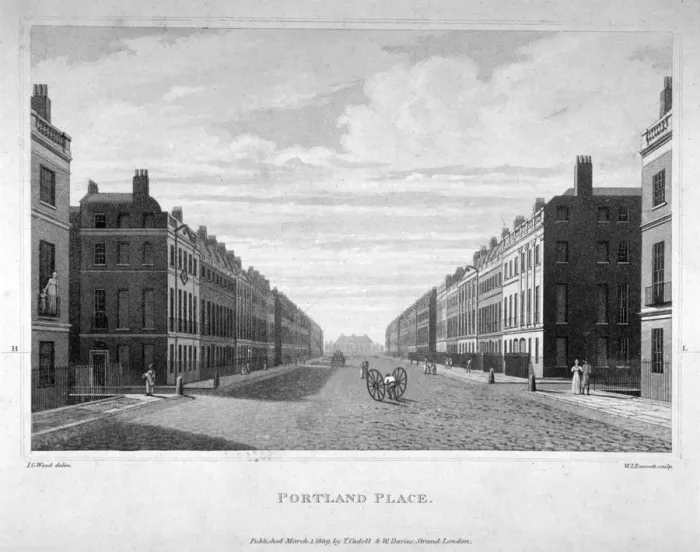Framed Print : Portland Place, Marylebone, London, 1809. Artist: William James Bennett Framed Print : Portland Place, Marylebone, London, 1809. Artist: William James Bennett