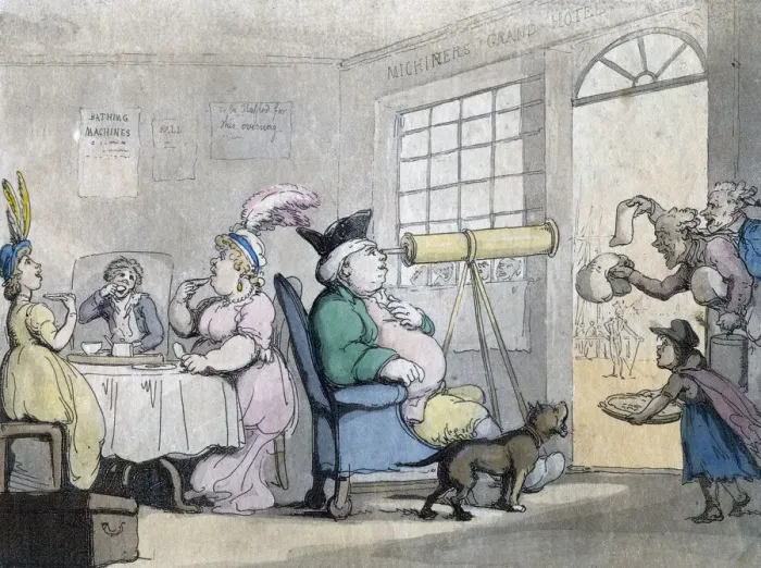 Framed Print : A portly gentleman looking through a telescope, 19th century Framed Print : A portly gentleman looking through a telescope, 19th century