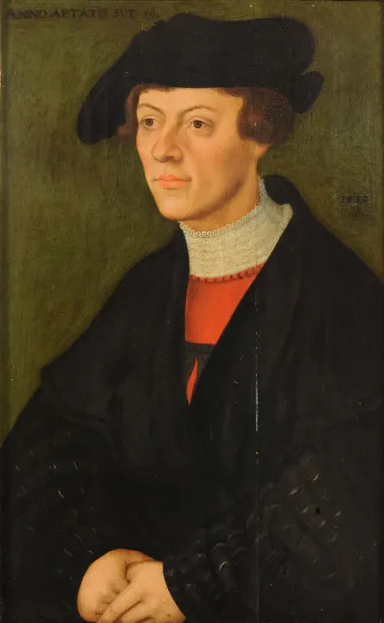 Framed Print : Portrait of a 19-year-old young man in black clothes. Artist: Cranach, Lucas, the Elder (1472-1553) Framed Print : Portrait of a 19-year-old young man in black clothes. Artist: Cranach, Lucas, the Elder (1472-1553)