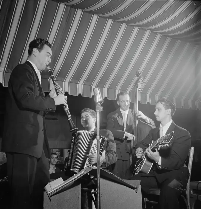 Framed Print : Portrait of Abe Most, Pete Ponti, Sid Jacobs, and Jimmy Norton, Hickory House, N.Y. ca. June 1947. Creator: William Paul Gottlieb