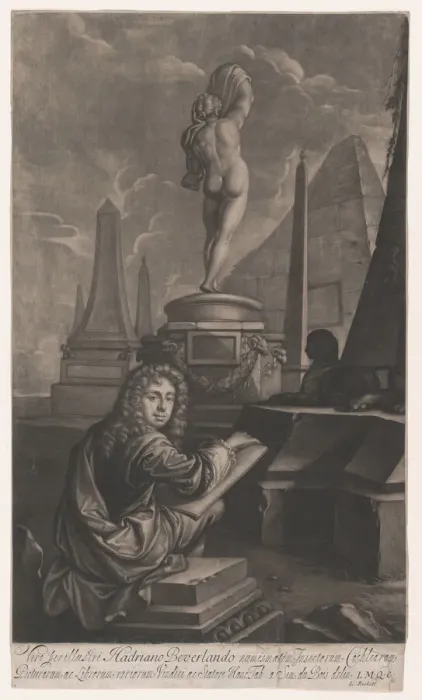 Framed Print : Portrait of Adrian Beverland Drawing a Statue of Callipygian Venus, 1686. Creator: Isaac Beckett Framed Print : Portrait of Adrian Beverland Drawing a Statue of Callipygian Venus, 1686. Creator: Isaac Beckett
