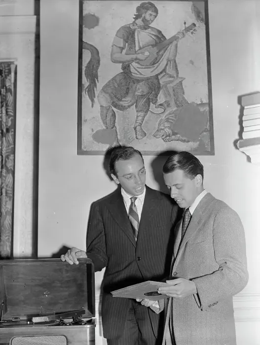 Framed Print : Portrait of Ahmet M. Ertegun and Nesuhi Ertegun, Turkish Embassy, Washington, D.C. ca. 1940. Creator: William Paul Gottlieb Framed Print : Portrait of Ahmet M. Ertegun and Nesuhi Ertegun, Turkish Embassy, Washington, D.C. ca. 1940. Creator: William Paul Gottlieb
