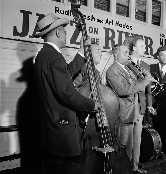 Framed Print : Portrait of Albert Nicholas and Rudi Blesh, Riverboat on the Hudson, N.Y. ca. July 1947. Creator: William Paul Gottlieb Framed Print : Portrait of Albert Nicholas and Rudi Blesh, Riverboat on the Hudson, N.Y. ca. July 1947. Creator: William Paul Gottlieb