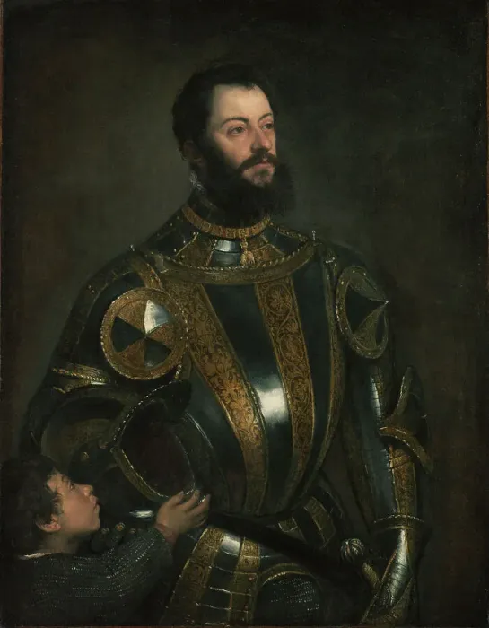 Framed Print : Portrait of Alfonso d'Avalos, Marchese del Vasto, in Armor with a Page, probably Jan-Feb 1533. Creator: Titian Framed Print : Portrait of Alfonso d'Avalos, Marchese del Vasto, in Armor with a Page, probably Jan-Feb 1533. Creator: Titian