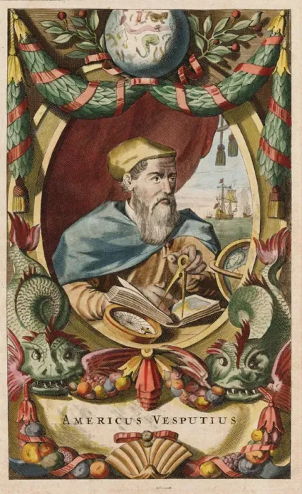 Framed Print : Portrait of Amerigo Vespucci, 1671. Artist: Ogilby, John (1600-1676) Framed Print : Portrait of Amerigo Vespucci, 1671. Artist: Ogilby, John (1600-1676)