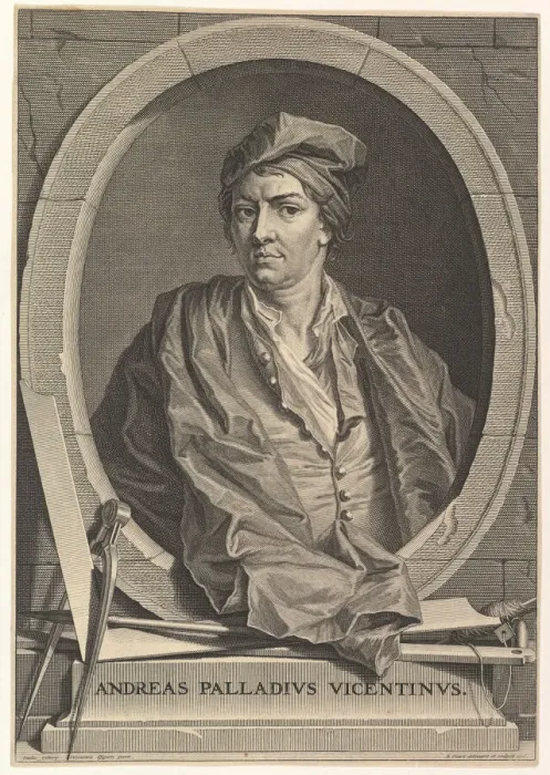 Framed Print : Portrait of Andrea Palladio in half-length within an oval frame; a compass Framed Print : Portrait of Andrea Palladio in half-length within an oval frame; a compass
