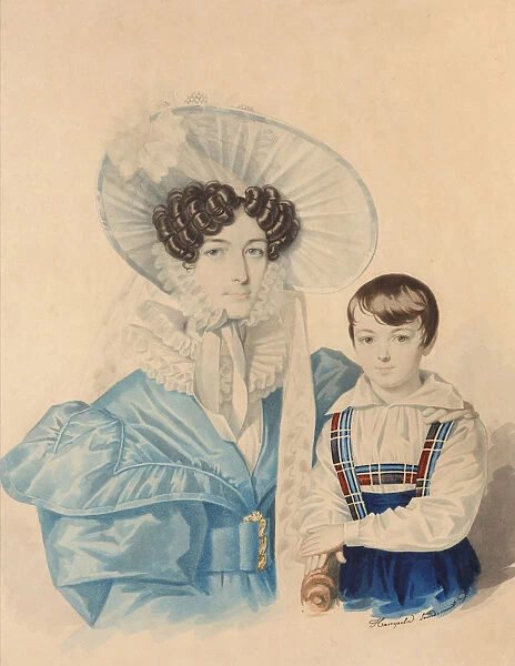 Portrait of Anna Platonovna Plautina (1808-1886) with her son, 1830s. Creator: Hampeln