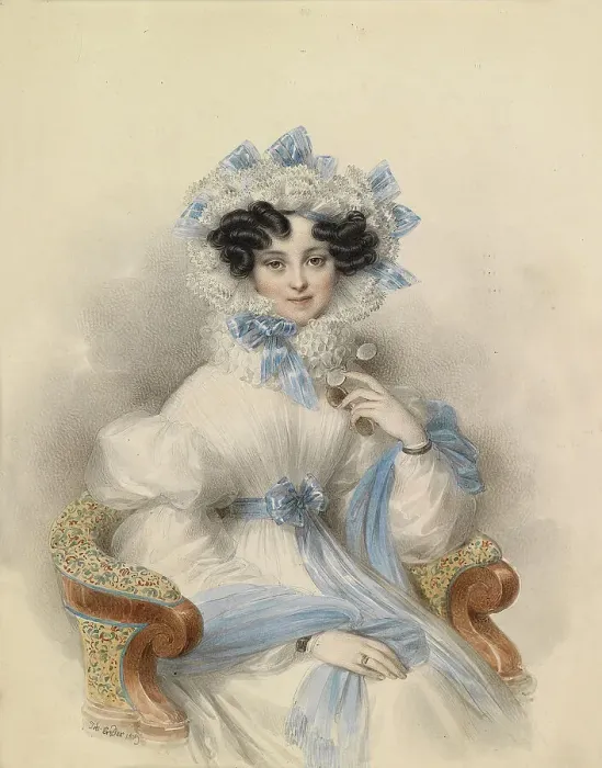 Framed Print : Portrait of Archduchess Henriette of Austria (1797-1829) in white dress with blue bows, 1829. Creator: Ender, Johann Nepomuk (1793-1854) Framed Print : Portrait of Archduchess Henriette of Austria (1797-1829) in white dress with blue bows, 1829. Creator: Ender, Johann Nepomuk (1793-1854)