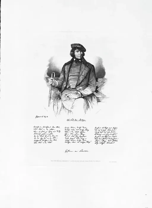 Framed Print : Portrait of August Heinrich Hoffmann von Fallersleben (1798-1874) and facsimile of the Song... Creator: Hoffmeister, Christian (1818-1871) Framed Print : Portrait of August Heinrich Hoffmann von Fallersleben (1798-1874) and facsimile of the Song... Creator: Hoffmeister, Christian (1818-1871)