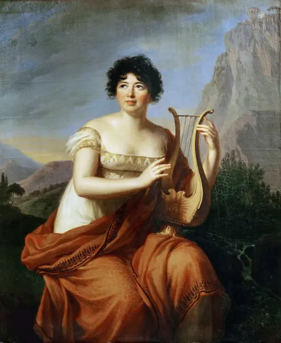 Framed Print : Portrait of the author Baronne Anne Louise Germaine de Stael (1766-1817) as Corinne, 1807 Framed Print : Portrait of the author Baronne Anne Louise Germaine de Stael (1766-1817) as Corinne, 1807