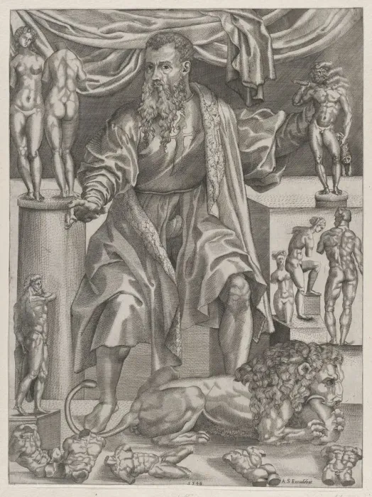 Framed Print : Portrait of Baccio Bandinelli with Lion, 1548. 1548. Creator: Anon Framed Print : Portrait of Baccio Bandinelli with Lion, 1548. 1548. Creator: Anon