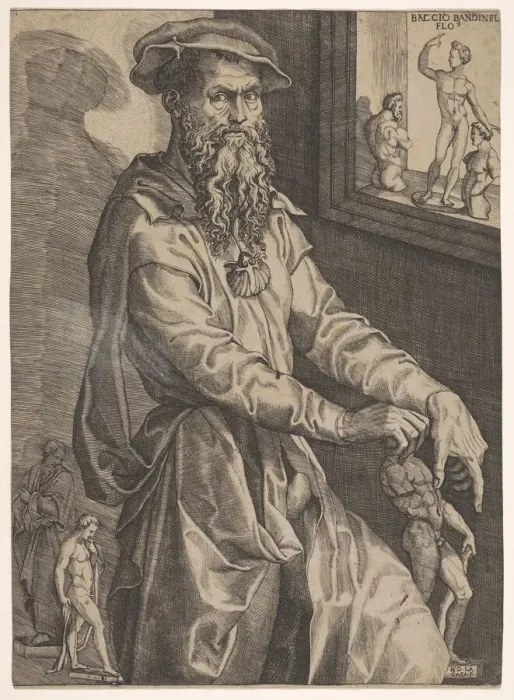 Framed Print : Portrait of Baccio Bandinelli, in three-quarter length next to a window pane contai Framed Print : Portrait of Baccio Bandinelli, in three-quarter length next to a window pane contai