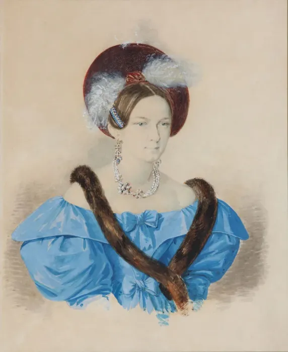 Framed Print : Portrait of Baroness Alexandra Benediktovna Tiesenhausen (1814-1866), 1830s. Artist: Pokrovsky, A. A. (active c. 1830) Framed Print : Portrait of Baroness Alexandra Benediktovna Tiesenhausen (1814-1866), 1830s. Artist: Pokrovsky, A. A. (active c. 1830)