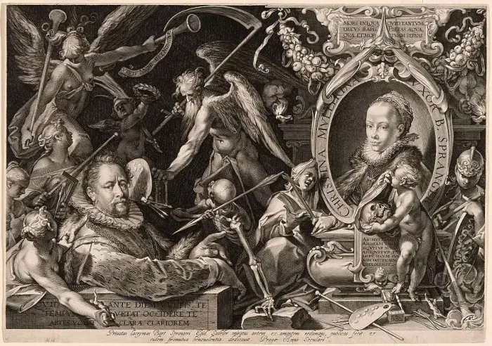 Framed Print : Portrait of Bartolomaeus Spranger with an Allegory of the Death of His Wife, Christina Müller, 1600. Creator: Aegidius Sadeler II Framed Print : Portrait of Bartolomaeus Spranger with an Allegory of the Death of His Wife, Christina Müller, 1600. Creator: Aegidius Sadeler II