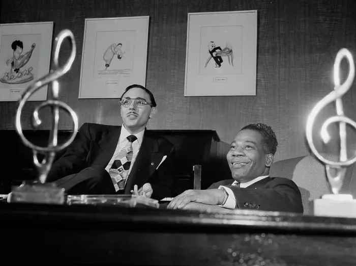 Framed Print : Portrait of Bernie Benjamin and George (George David) Weiss in their office, N.Y. ca. Apr. 1947. Creator: William Paul Gottlieb Framed Print : Portrait of Bernie Benjamin and George (George David) Weiss in their office, N.Y. ca. Apr. 1947. Creator: William Paul Gottlieb