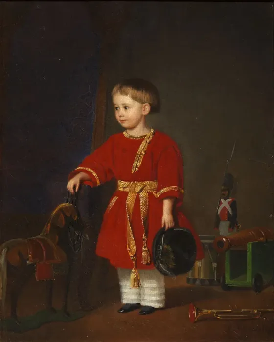 Framed Print : Portrait of a boy in a red dress with military toys Framed Print : Portrait of a boy in a red dress with military toys