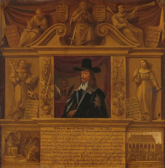 Framed Print : Portrait of Charles I, King of England, in a Frame with Allegorical Figures and Historical Represent Creator: Anon Framed Print : Portrait of Charles I, King of England, in a Frame with Allegorical Figures and Historical Represent Creator: Anon