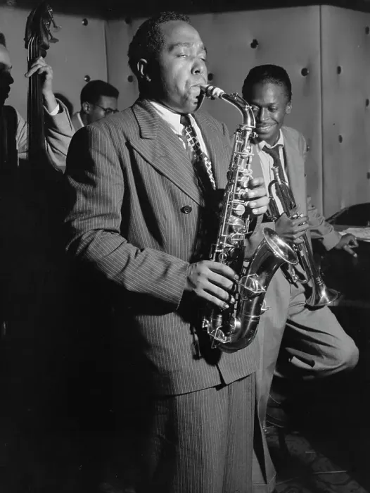 Framed Print : Portrait of Charlie Parker, Tommy Potter, Miles Davis, and Max Roach, Three Deuces, N.Y. 1947. Creator: William Paul Gottlieb