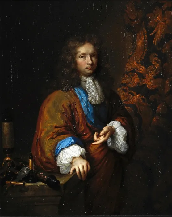 Framed Print : Portrait of Constantijn Huygens Junior (1628-1697), beside a group of microscopes. Creator: Netscher, Caspar (1639-1684) Framed Print : Portrait of Constantijn Huygens Junior (1628-1697), beside a group of microscopes. Creator: Netscher, Caspar (1639-1684)