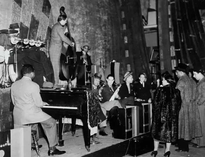 Framed Print : Portrait of Count Basie, Ray Bauduc, Bob Haggart, Harry Edison, Herschel Evans...Washington, c1941. Creator: William Paul Gottlieb Framed Print : Portrait of Count Basie, Ray Bauduc, Bob Haggart, Harry Edison, Herschel Evans...Washington, c1941. Creator: William Paul Gottlieb