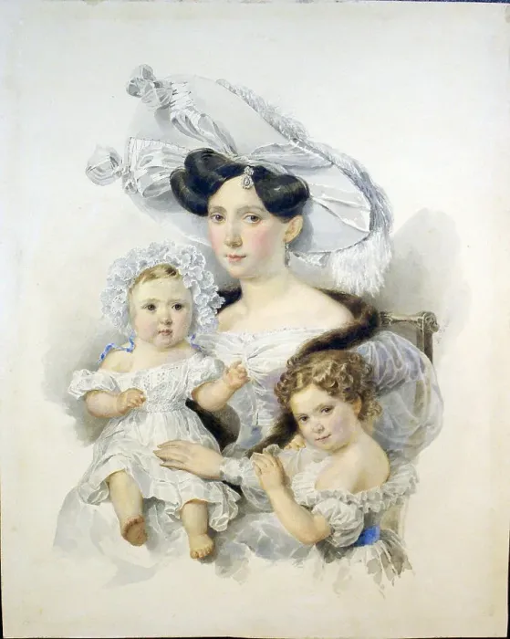 Framed Print : Portrait of Countess Elizaveta Nikolaevna Chernyshova (1808-1872), nee Zotova, with daughters, c. 18 Framed Print : Portrait of Countess Elizaveta Nikolaevna Chernyshova (1808-1872), nee Zotova, with daughters, c. 18