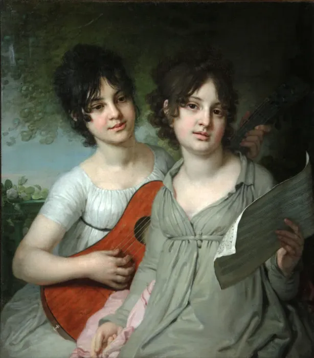 Framed Print : Portrait of Countesses Anna Gagarina and Varvara Gagarina, 1802. Artist: Borovikovsky, Vladimir Lukich (1757-1825) Framed Print : Portrait of Countesses Anna Gagarina and Varvara Gagarina, 1802. Artist: Borovikovsky, Vladimir Lukich (1757-1825)