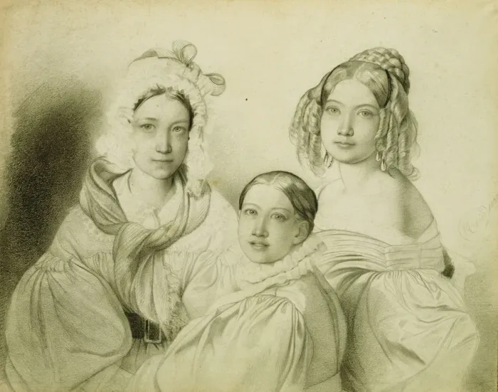 Framed Print : Portrait of Countesses Praskovia, Nadezhda and Maria Vyazemsky, 1835. Artist: Bruni, Fyodor Antonovich (1800-1875) Framed Print : Portrait of Countesses Praskovia, Nadezhda and Maria Vyazemsky, 1835. Artist: Bruni, Fyodor Antonovich (1800-1875)
